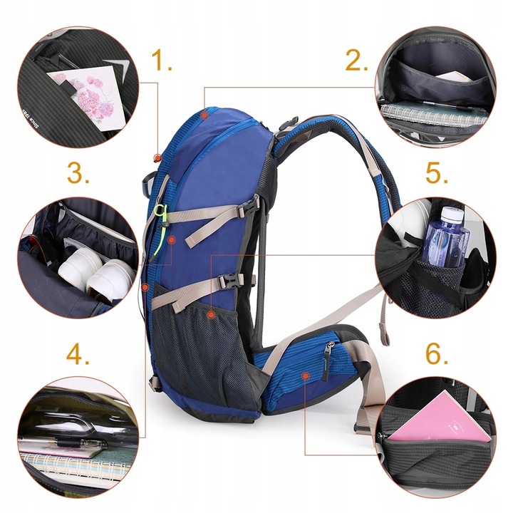 Plecak turystyczny 40l AOKING, niebieski, z miejscem na bukłak