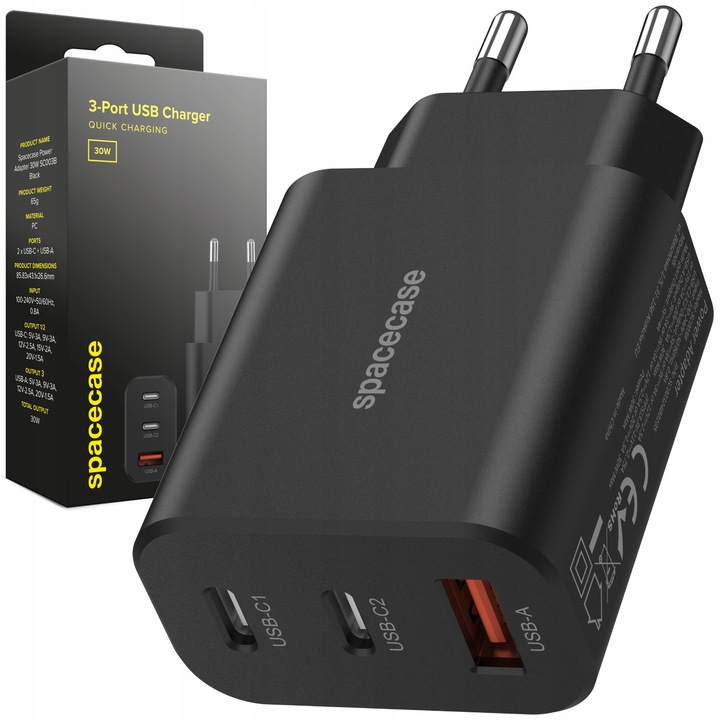 SZYBKA ŁADOWARKA SIECIOWA DO TELEFONU 3X USB USB-C TYP-C 30W QUICK CHARGE