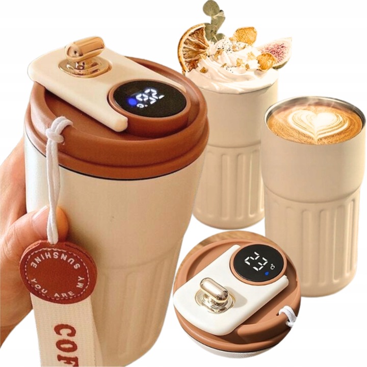 KUBEK TERMICZNY TERMOS BIDON NA KAWĘ HERBATĘ Z USTNIKIEM WYŚWIETLACZ 450ML