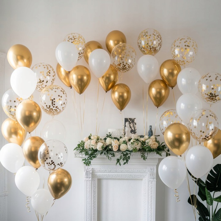 BALONY BIAŁO ZŁOTE CHROMOWANE ZESTAW BALONÓW NA KOMUNIĘ ŚLUB WESELE