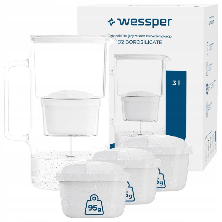 Dzbanek filtrujący szklany Wessper D2 Borosilicate 3l + 4x filtr