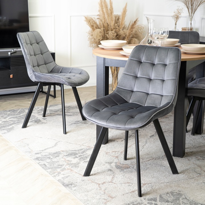 Krzesło Tapicerowane Welurowe Do Jadalni Salonu Loft Pikowane Szare