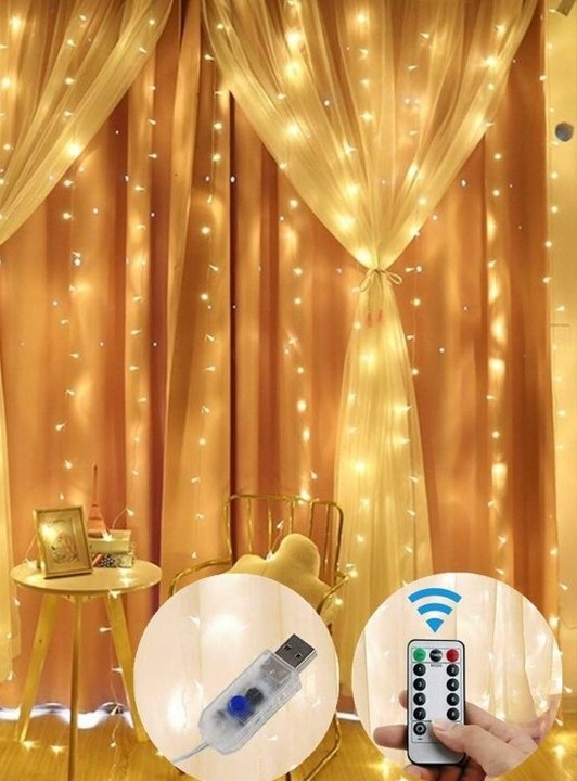 KURTYNA ŚWIETLNA 200 LED DRUCIKI 2x2m BIAŁY CIEPŁY 200L USB PILOT