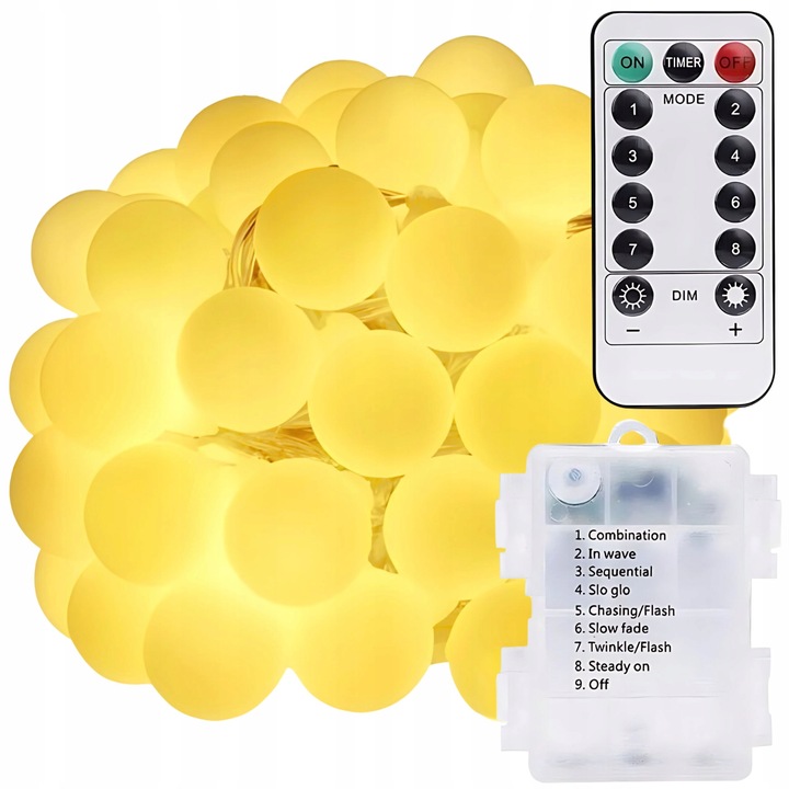 LAMPKI CHOINKOWE KULKI NA BATERIE PILOT 8 TRYBÓW CIEPŁY BIAŁY 120 LED 116