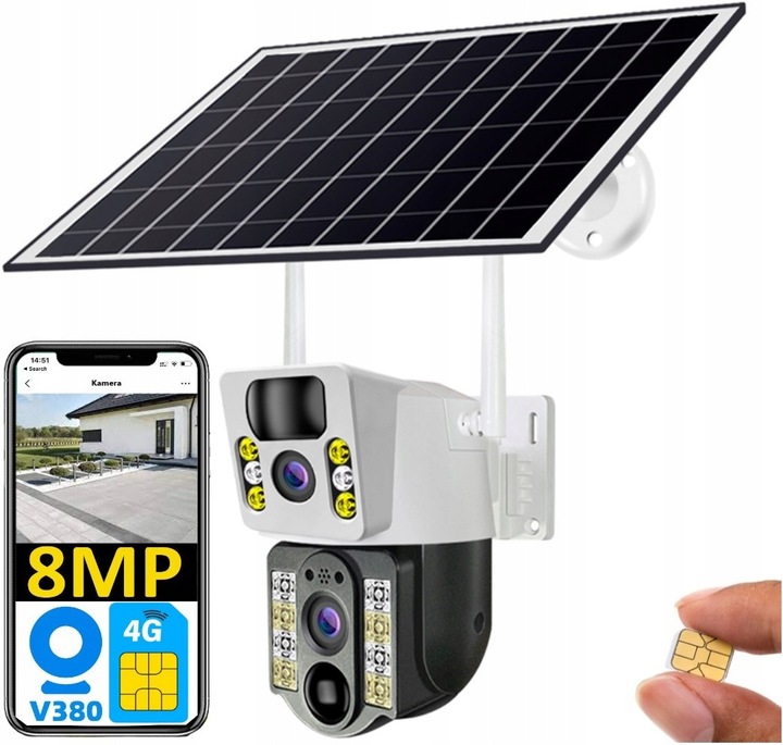 ZEWNĘTRZNA KAMERA SOLARNA TYP-C DWA OBIEKTYWY 8MPx NA KARTE SIM 4G LTE ZOOM