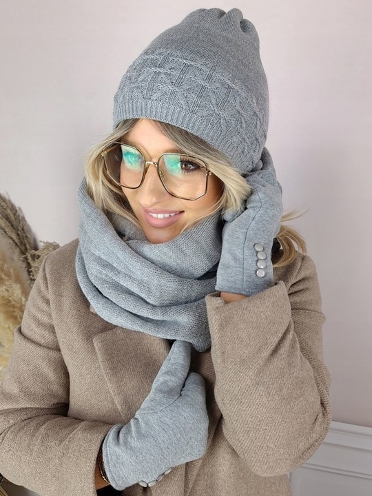 zimowy KOMPLET damski CZAPKA + KOMIN + RĘKAWICZKI dotykowe CIEPŁY