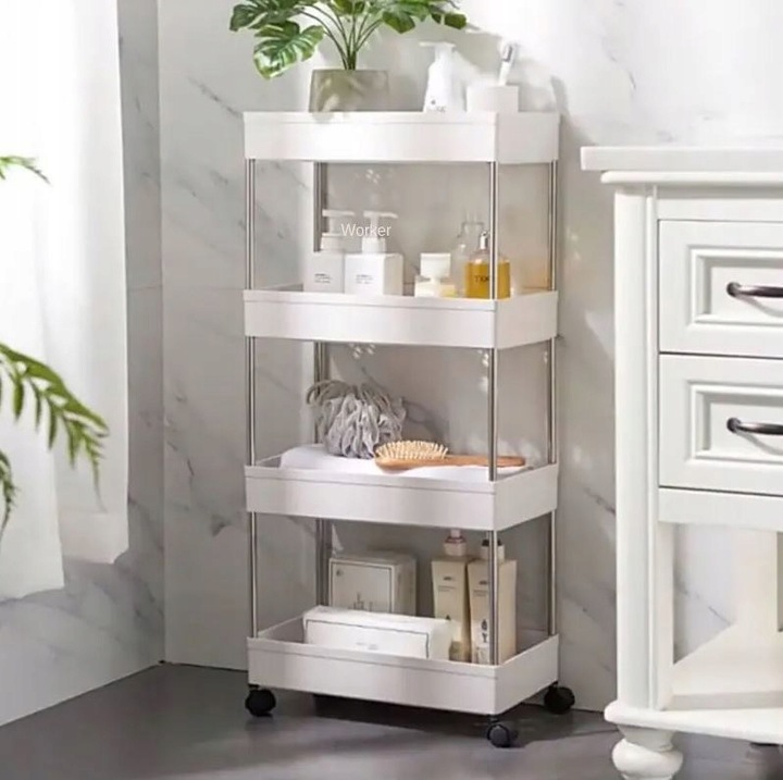 PÓŁKA ŁAZIENKOWA KUCHENNA SZAFKA NA KÓŁKACH REGAŁ 4 POZIOMOWY Z HACZYKAMI