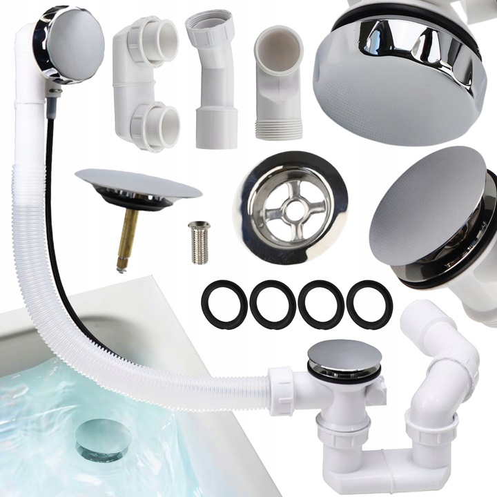 Syfon wannowy chrom z przelewem automatyczny do wanny na pokrętło niski