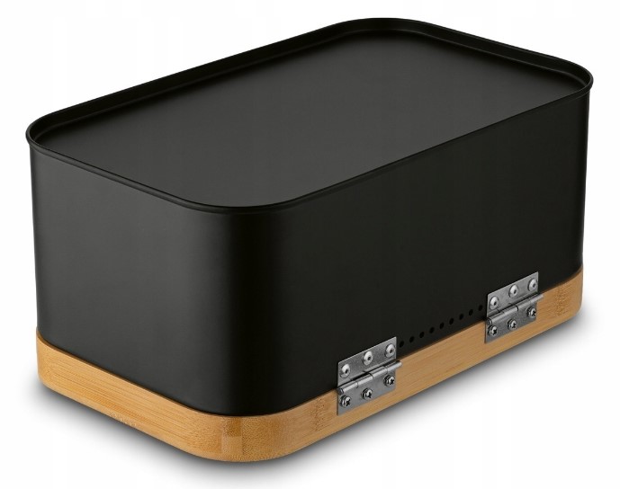 CHLEBAK STALOWY Z POKRYWA BAMBUSOWA POJEMNIK NA PIECZYWO CHLEB BUŁKI Czarny