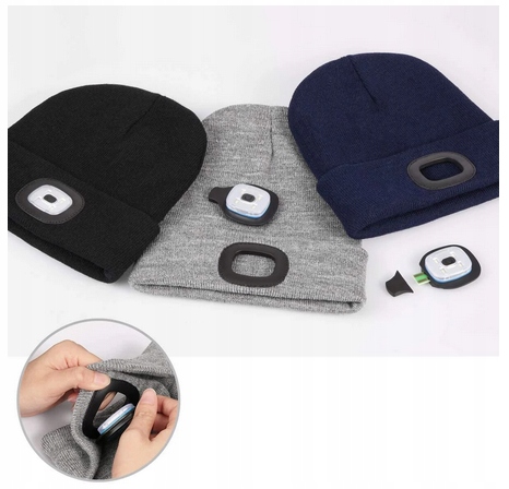 Czapka Zimowa Ocieplana z Latarką Lampką LED Ładowanie USB 4Tryby Świecenia