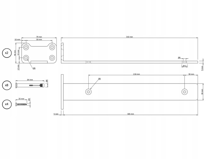 Wspornik typ T 305 mm, uchwyt półki drewnianej, podpórka, loft, czarny