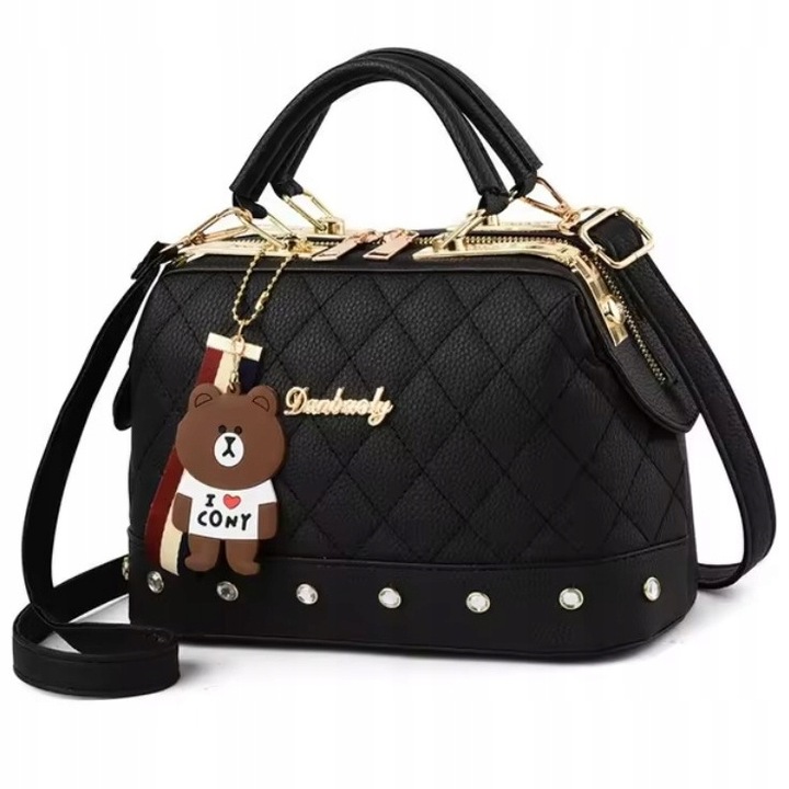 CZARNA TOREBKA Ramię Klasyczna PIKOWANA MIŚ Złote Dodatki Kuferek