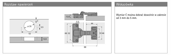 Zawias specjalny - ET582 do zabudowy lodówek z prowadnikiem HETTICH