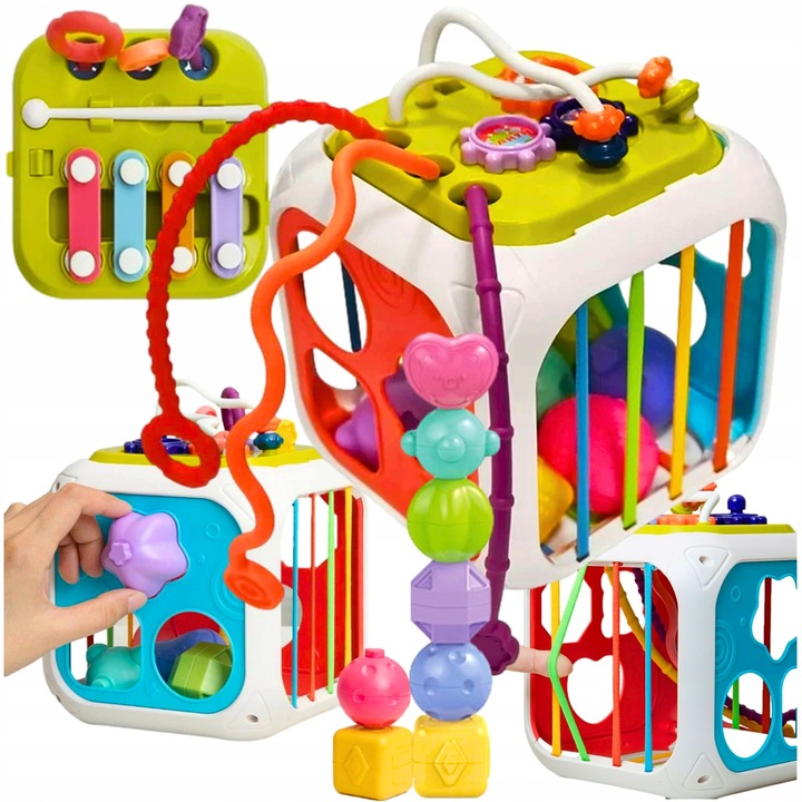 INTERAKTYWNA KOSTKA EDUKACYJNA DLA NIEMOWLĄT SORTER KLOCKI CYMBAŁKI 7w1 PL