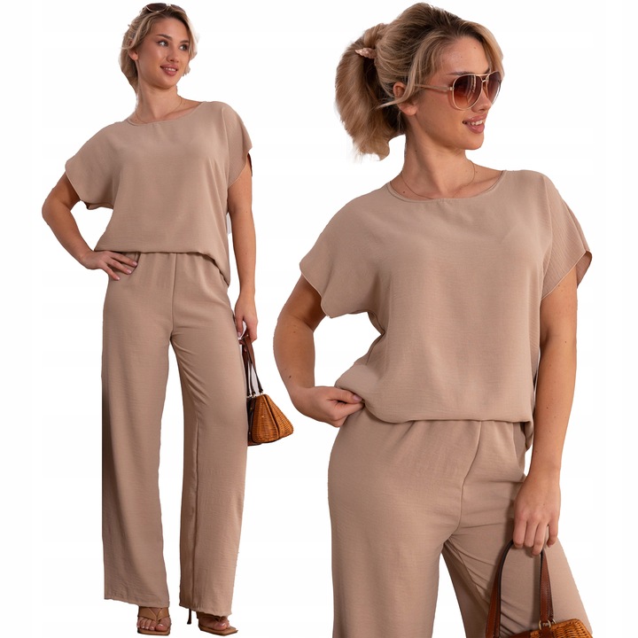 Elegancki Klasyczny KOMPLET Prosta BLUZKA Szerokie SPODNIE Beż