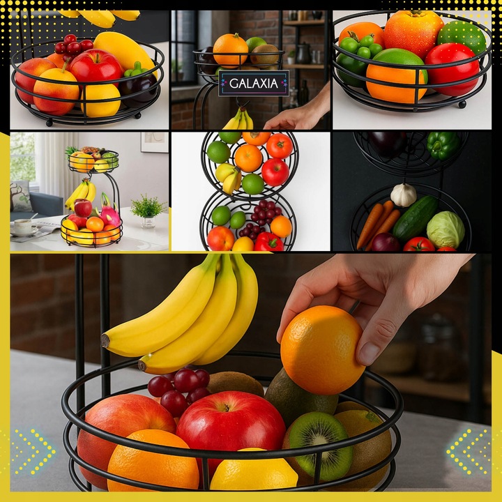 KOSZ NA OWOCE I WARZYWA Koszyk Stojak Piętrowy Czarny Dwupoziomowy