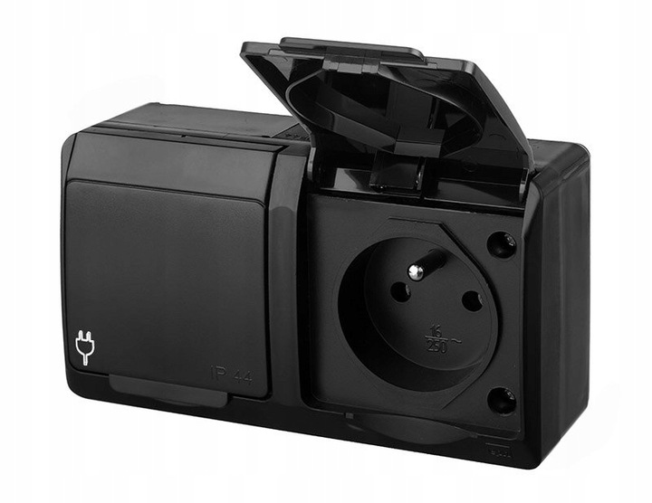 HERMES CZARNY GNIAZDO NT 2X Z/U Z KLAPKĄ IP44 2X2P+Z ZACISKI ŚRUBOWE