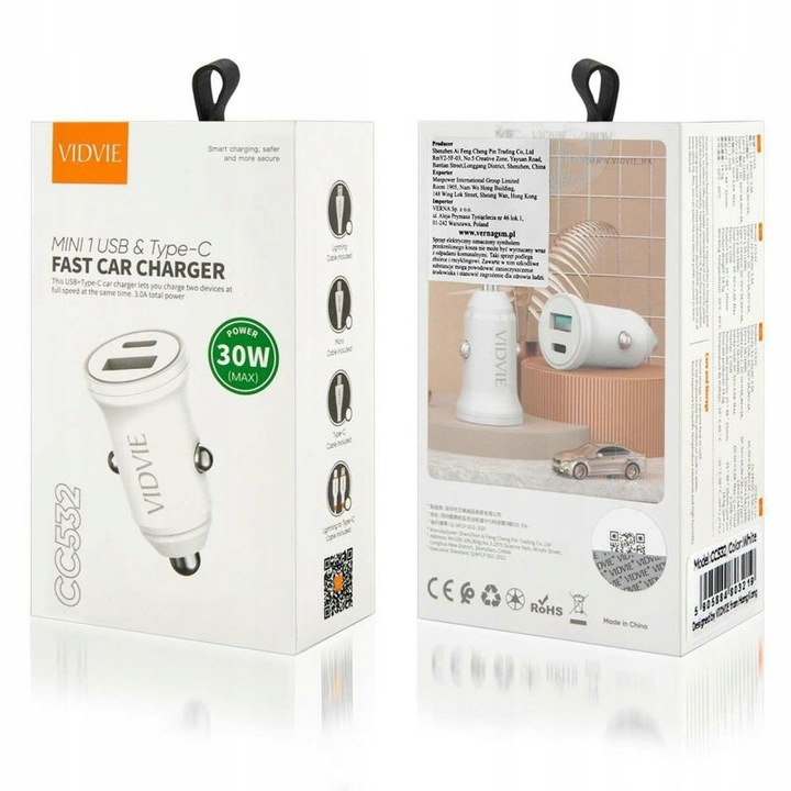 Ładowarka Samochodowa Zapalniczka USB (QC 3.0, 30W, 1xUSB + USB TYPE-C )