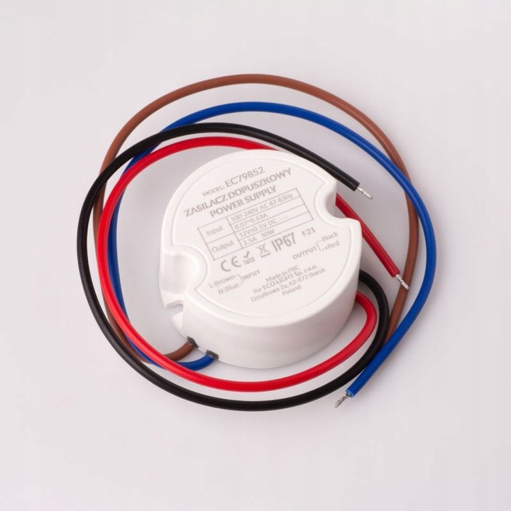 Zasilacz Transformator LED 12V 30W 2,5A Do Puszki FI60 IP67 Dopuszkowy