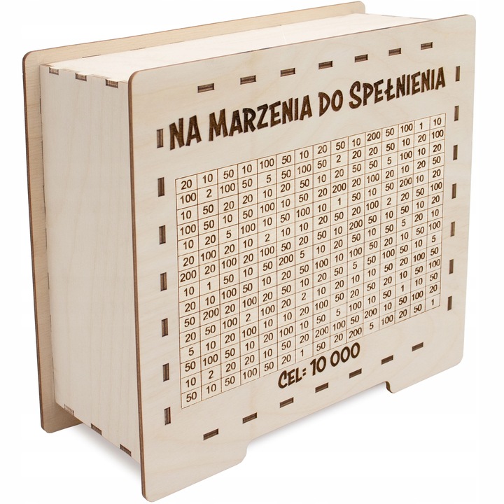 DREWNIANA SKARBONKA WYKREŚLANA PREZENT DOWOLNY NAPIS OSZCZĘDZANIE PIENIĘDZY