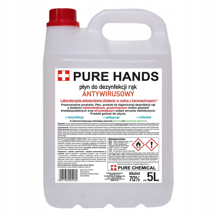 PŁYN DO DEZYNFEKCJI RĄK I SKÓRY PURE HANDS 70% 5l