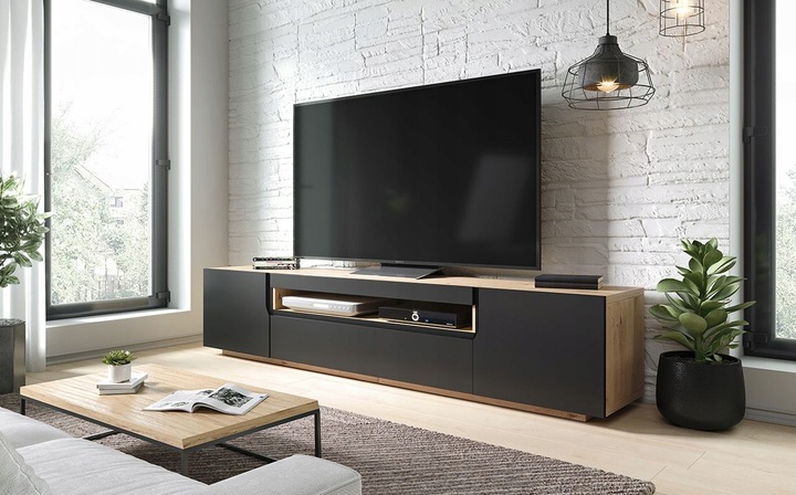 Szafka RTV czarna mat+dąb Artisan Wisząca i stojąca Odyn