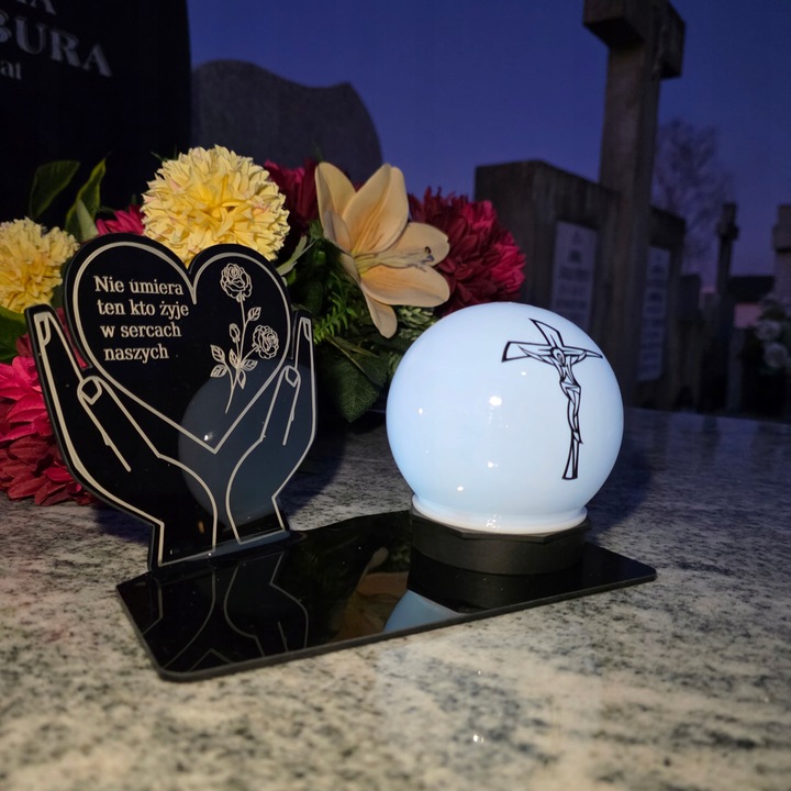 ZNICZ z Kulą Solarną na Grób STATUETKA LED NA CMENTARZ Wieczny Szkło Akryl