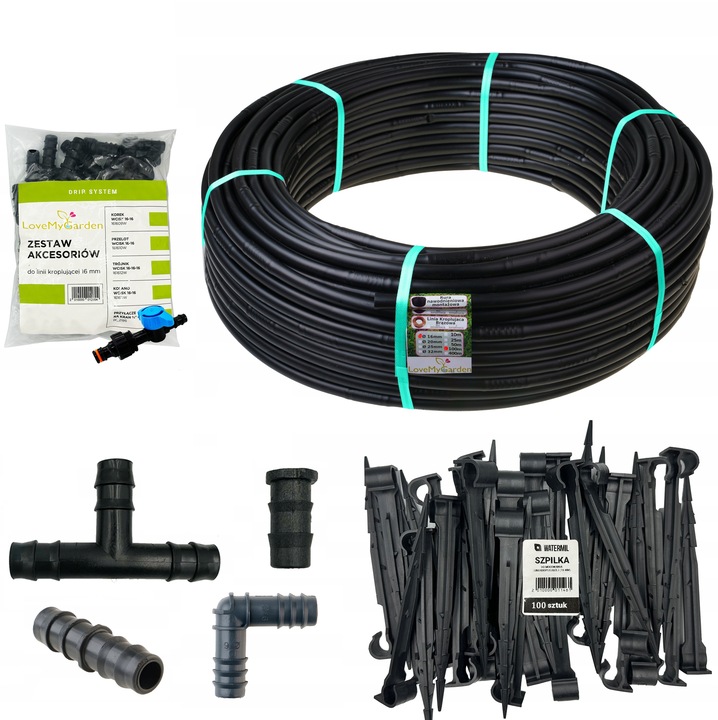 Linia kroplująca 16mm 100m z kompensacją 137 akcesoriów Wąż kropelkowy