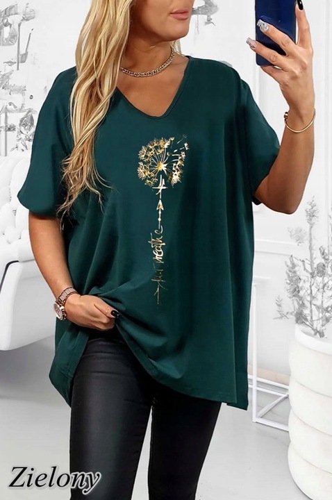T-SHIRT KOSZULKA BAWEŁNA złoty dmuchawiec V dekolt oversize plus size T32