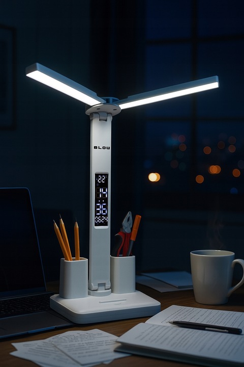 PODWÓJNA LAMPKA BIURKOWA LED Z WYŚWIETLACZEM ZEGAR DATA ORGANIZER TEMP