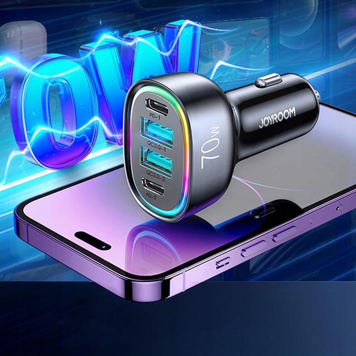 SZYBKA ŁADOWARKA SAMOCHODOWA 70W 4 PORTY 2xUSB 2xUSB-C PD QC 3.0