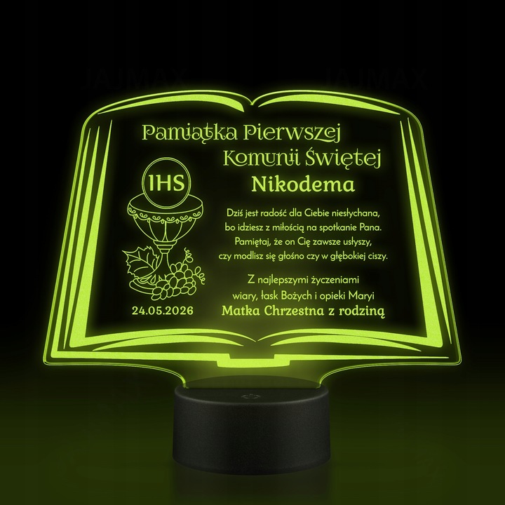Pamiątka Pierwszej Komunii Świętej LAMPKA LED prezent na Komunię