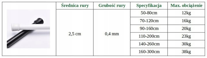 Drążek prysznicowy, Rozmiar: 140-260cm biała