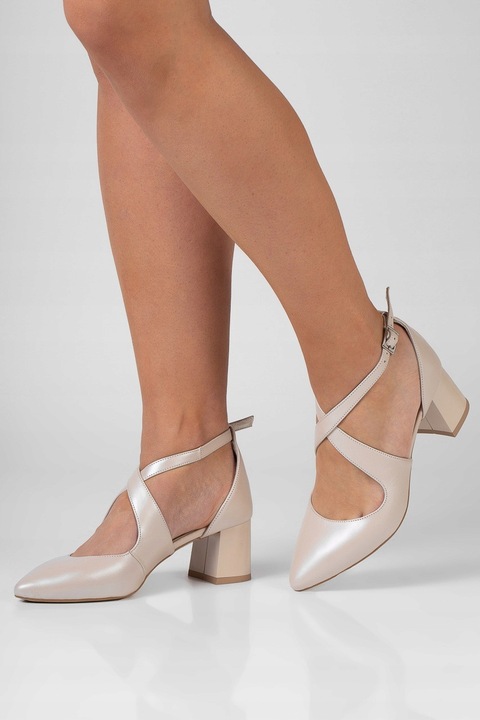 Ślubne czółenka niskie na słupku z paskami beż 38