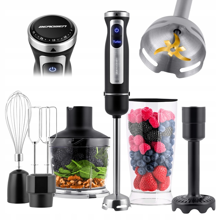 Blender ręczny 1500W czarny Berdsen tytanowe ostrza wielofunkcyjny 5w1