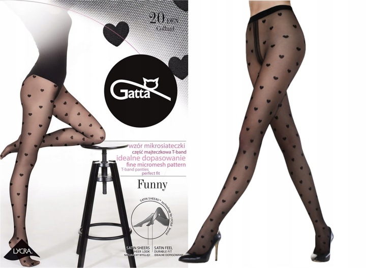 Rajstopy w serca na Walentynki GATTA Funny 08 lycra 20 den 2-S czarne