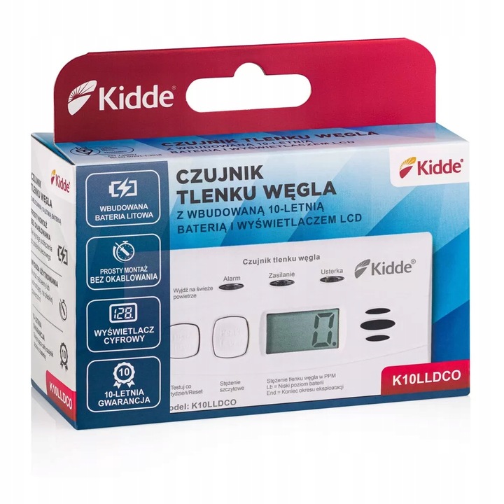Czujnik tlenku węgla (czadu) Kidde K10LLDCO LCD 10 lat