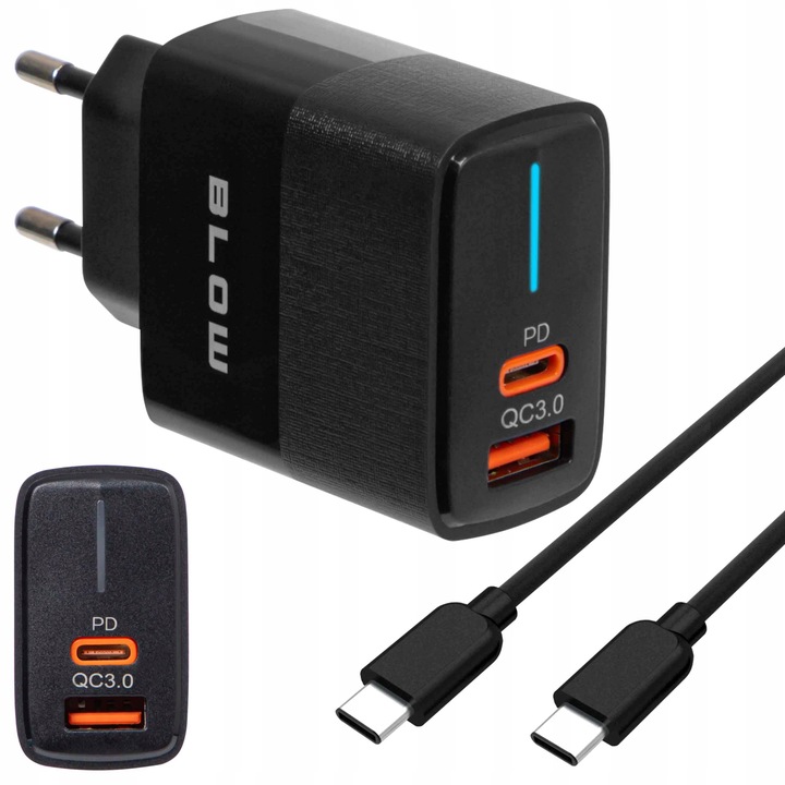 SZYBKA ŁADOWARKA SIECIOWA GNIAZDO USB + USB-C QC+PD 20W + KABEL USB-C 1m