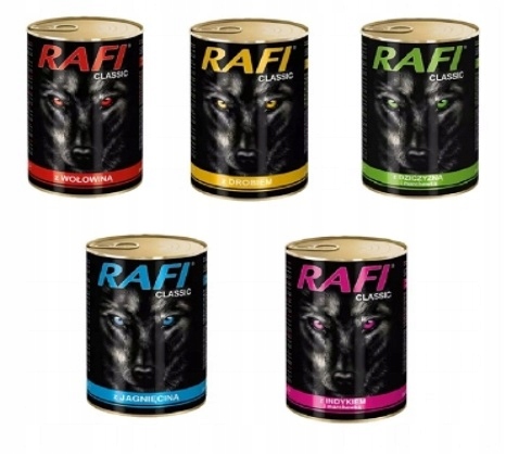 Mokra Karma dla Psa RAFI mix 5 smaków zestaw puszek 20x1240g Dolina