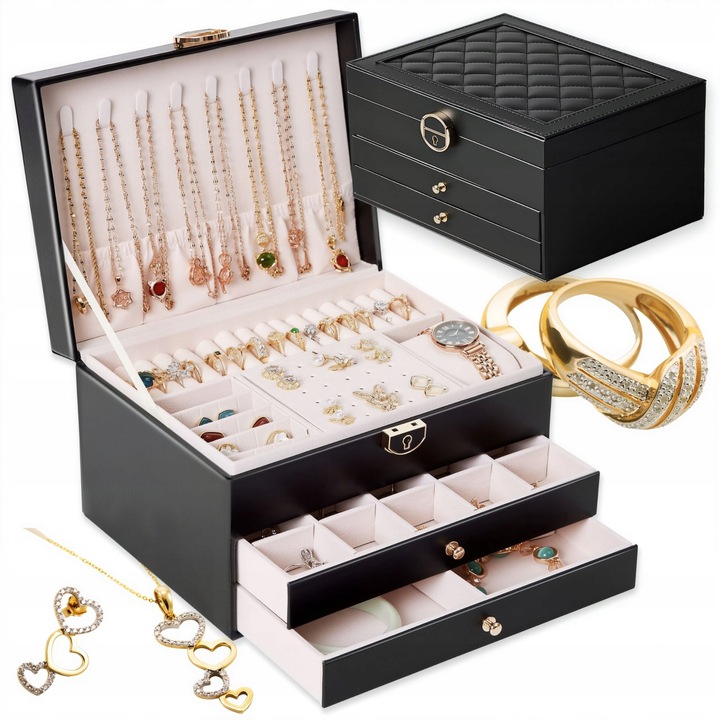 SZKATUŁKA NA BIŻUTERIE Z SZUFLADKAMI CZARNA ORGANIZER TRZY POZIOMY