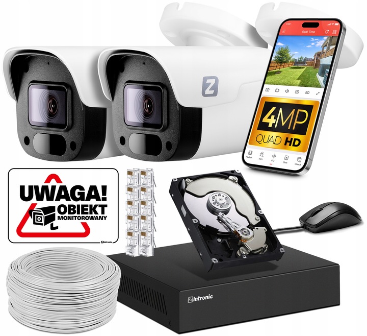 Zestaw MONITORINGU IP POE 2 KAMERY 4MPx 1TB PODGLĄD APLIKACJA DETEKCJA