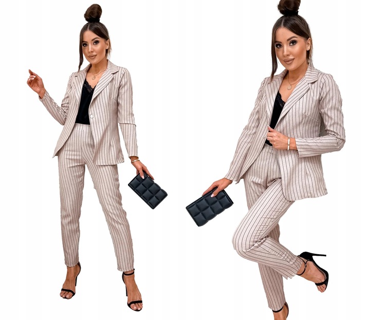 DAMSKI GARNITUR KOMPLET MARYNARKA SPODNIE MATERIAŁ W TENIS PASKI