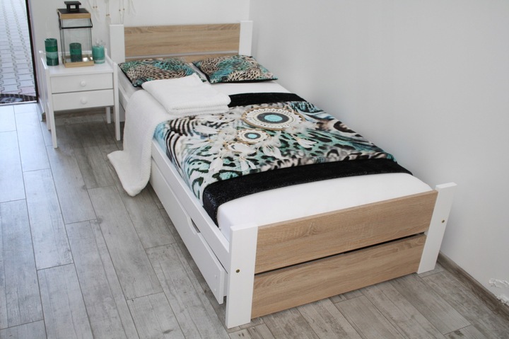 Łóżko pojedyncze drewniane LEA 90x200 białe Dąb Sonoma stelaż