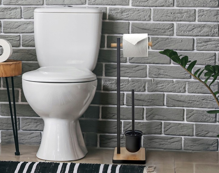Stojak uchwyt na papier toaletowy i szczotkę do WC czarny loft bambus