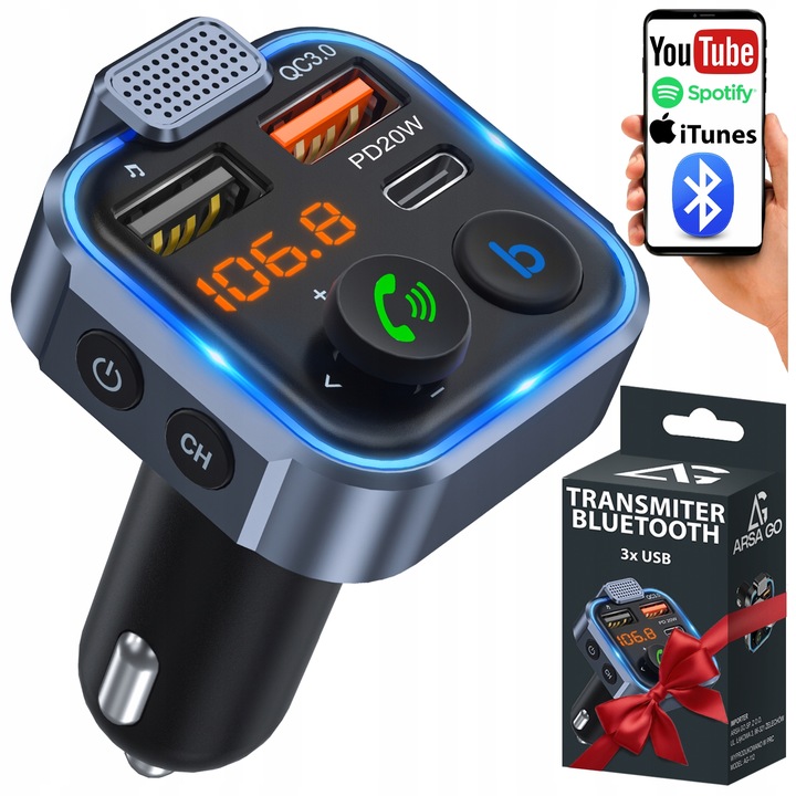 TRANSMITER BLUETOOTH SAMOCHODOWY FM USB 3.0A + 1.0A QC USB-C ŁADOWARKA