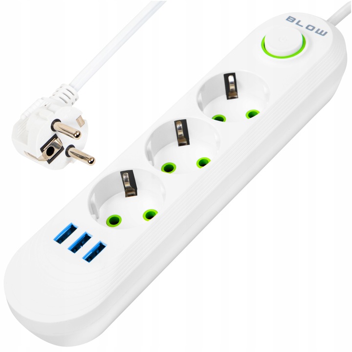 PRZEDŁUŻACZ WŁĄCZNIK 3x USB 3 GNIAZDA 2m UZIEMIENIE 3X1MM LISTWA