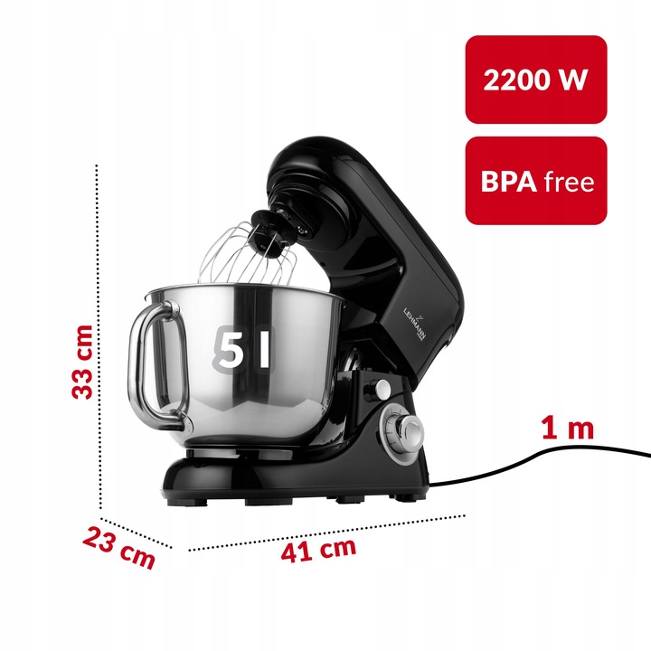 ROBOT KUCHENNY PLANETARNY MIKSER LEHMANN WIELOFUNKCYJNY 5L CZARNY
