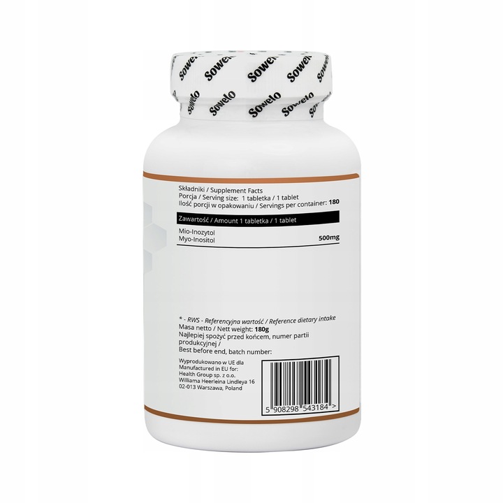 SOWELO MYO-INOSITOL INOZYTOL 500mg 180 TABLETEK