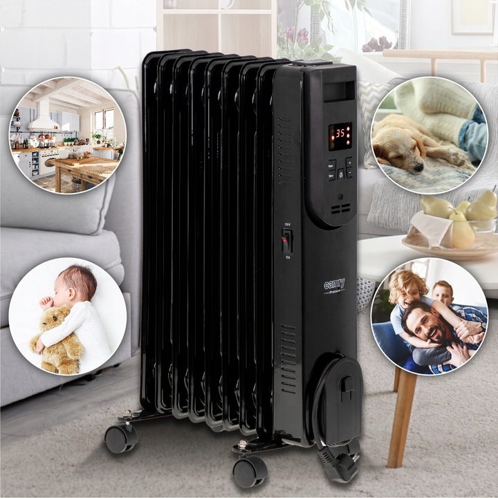 Grzejnik Olejowy LED z pilotem 11 żeberek Olejak 2500W Czarny Camry