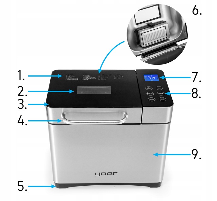 Wypiekacz do chleba Automat MENU PL Yoer INOX +Przepisy +19 programów +LODY